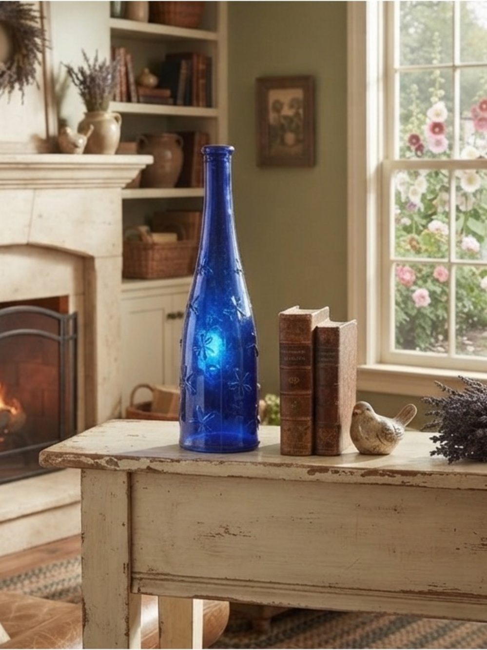 Vintage IKEA Cobalt Blue Glass Bottle Vase.Flower motif, designed by Emma Dafnäs
